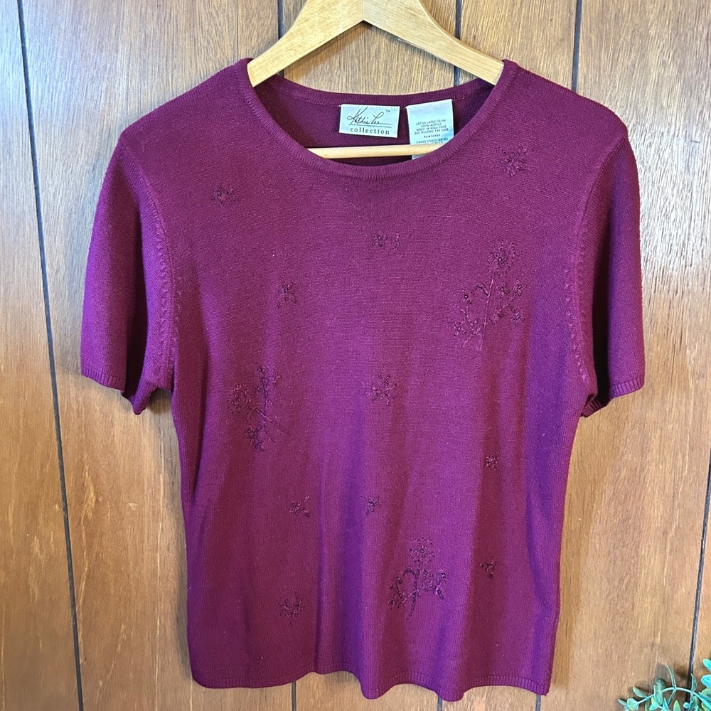 Vintage Kathie Lee Collection Ladies Large Purple Embroidered Knit Top